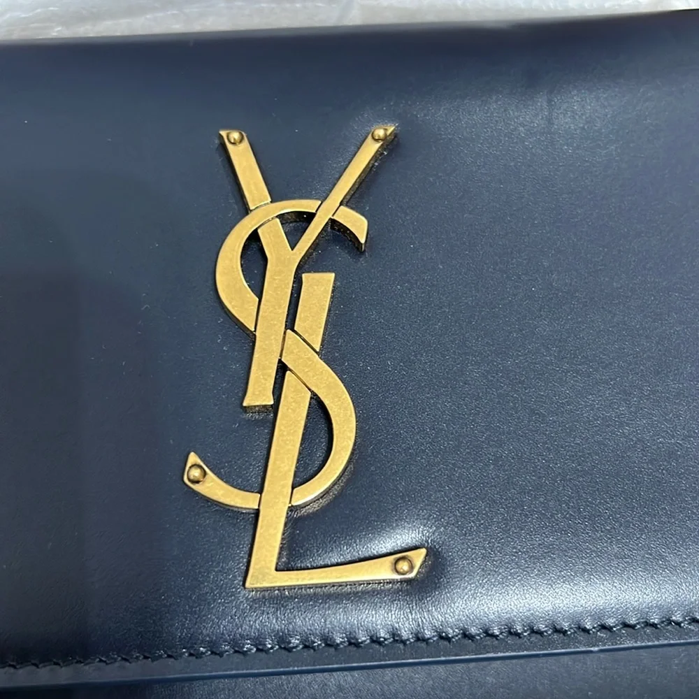 New YSL Yves Saint Laurent Kate Flap Navy Leather & Gold Chain - Picture 13 of 17